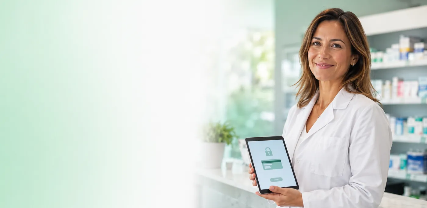 Smiling Button pharmacist in a white coat holding a tablet showing a secure card-payment checkout at a bright pharmacy counter, conveying safe, easy billing