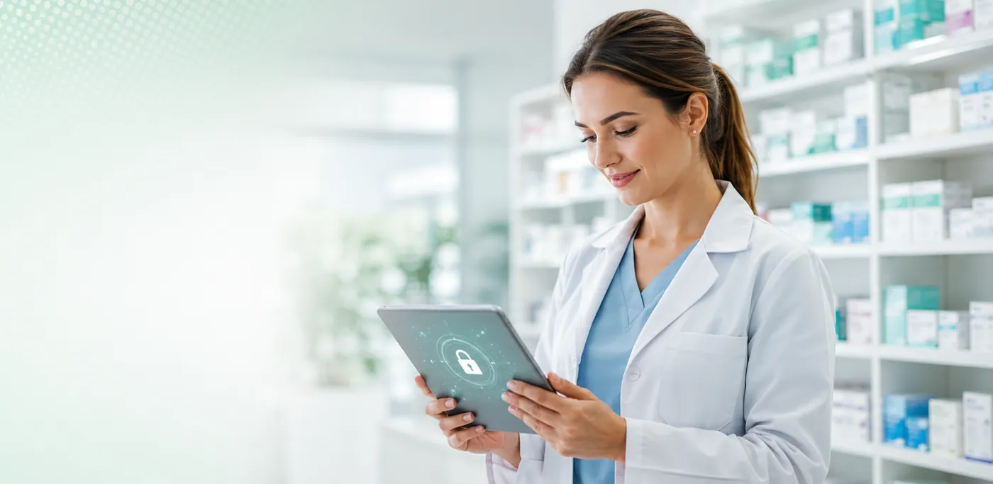 Smiling bttn pharmacist in a white coat reviewing secure patient data on a tablet in a bright pharmacy, conveying trust and confidentiality