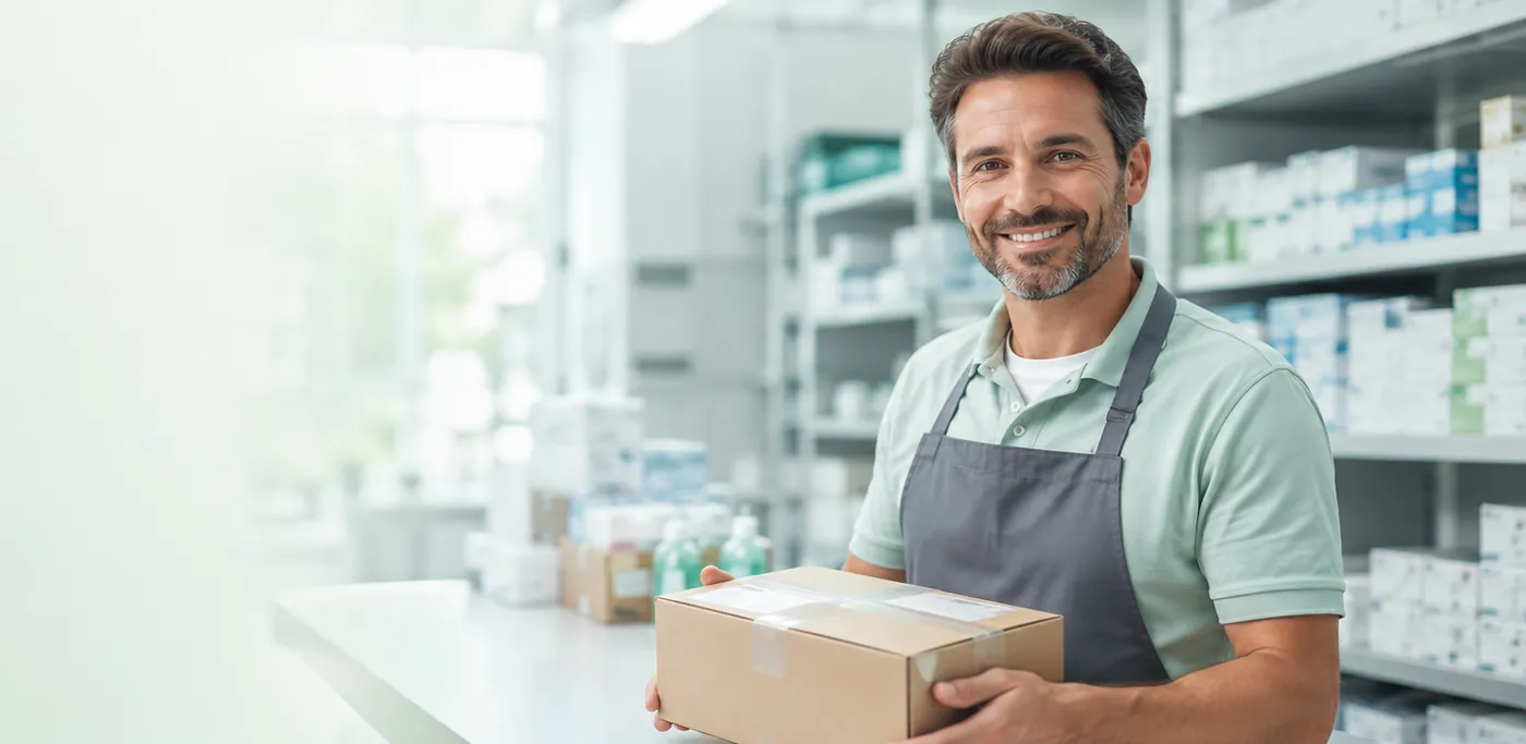 Smiling Button fulfillment associate in an apron holding a sealed return shipping box at a bright medical-supply counter, conveying easy, hassle-free returns