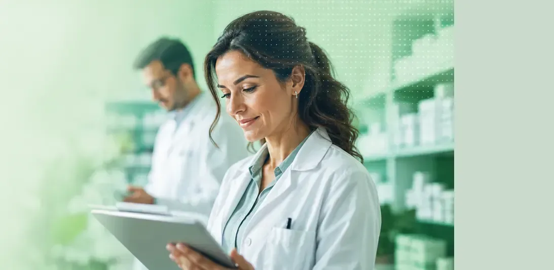 Pharmacists reviewing medical supply orders on a tablet in a pharmacy.