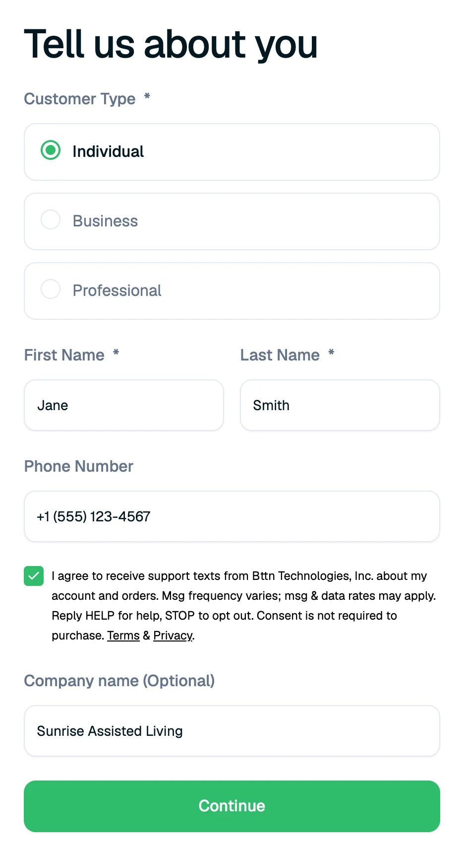 bttn sign-up “Tell us about you” step with the SMS consent checkbox checked