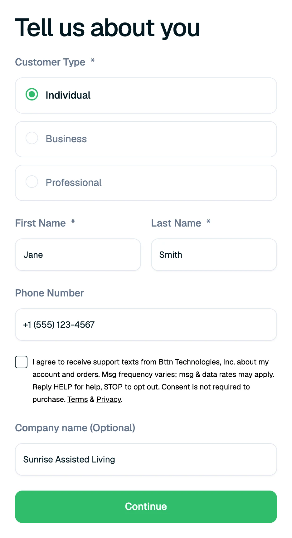 bttn sign-up “Tell us about you” step showing the phone number field and an unchecked SMS consent checkbox with its disclosure text